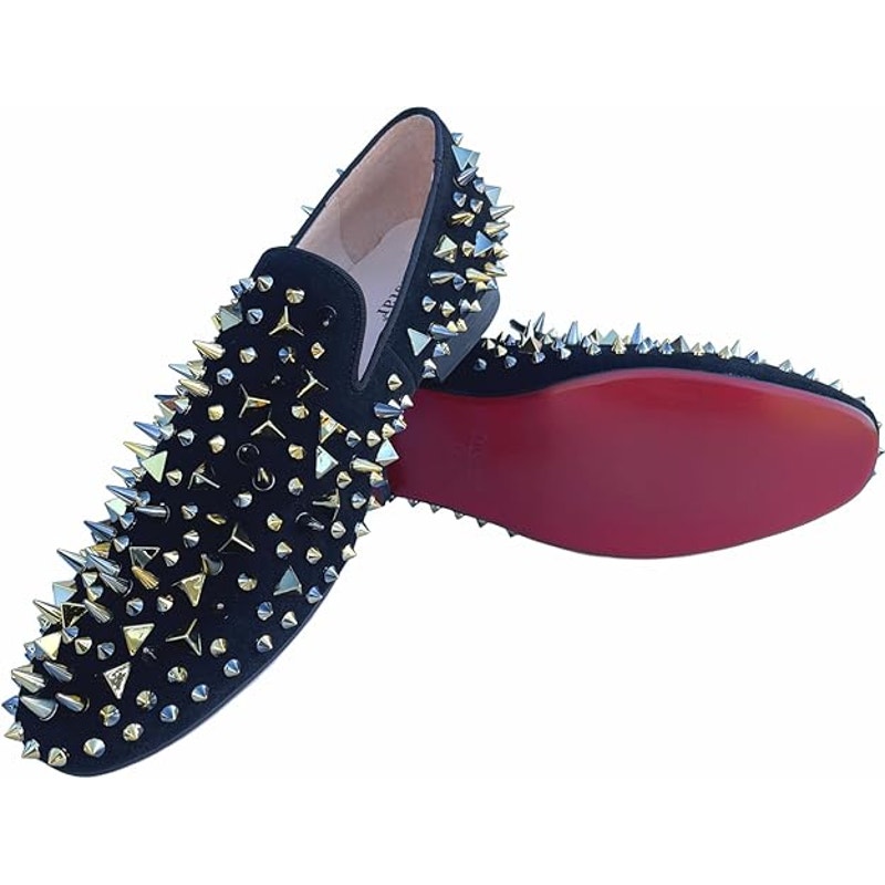 Justar Mens 11 Black Suede Leather Gold Spikes Studded Loafer Slide On Shoes