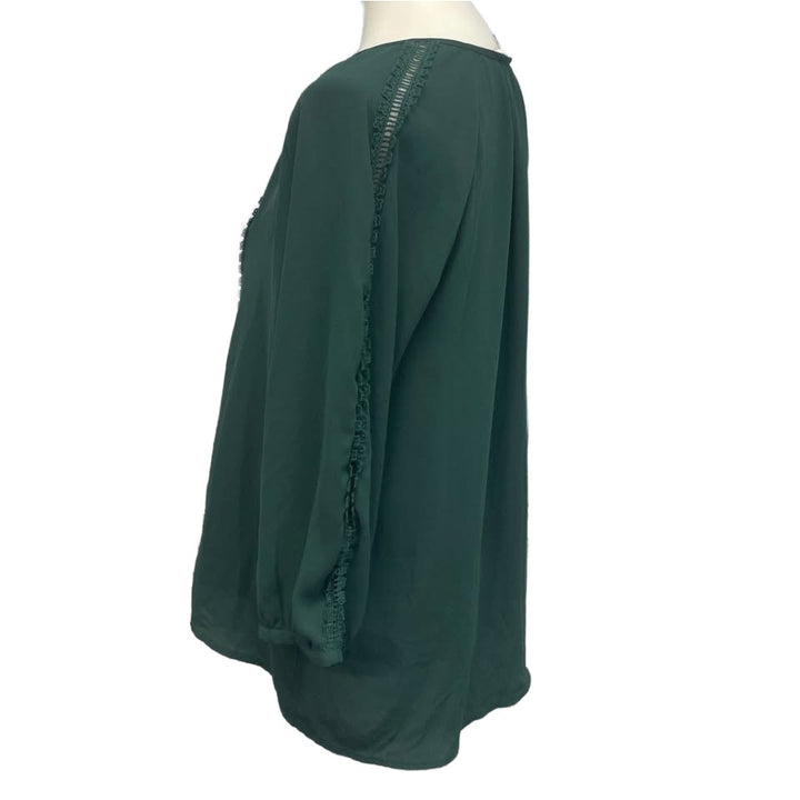 41 Hawthorne Womens Large Green Sheer Long Sleeve Lace Shoulder Striped Top