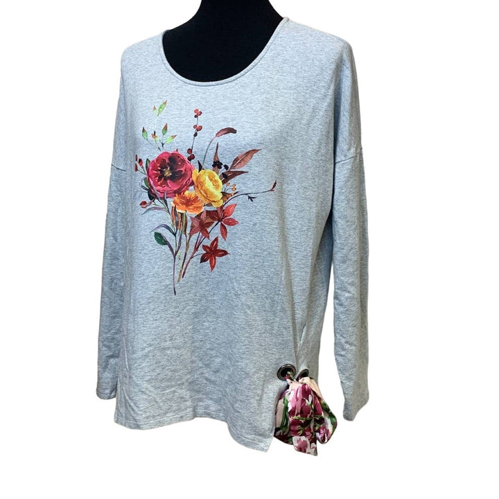 Hand Printed Upcycled XL Watercolor Autumn Flower Peony Bouquet Long Sleeve Tee