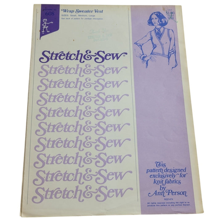 1972 Stretch &amp; Sew 608 Wrap Sweater Vest Sewing Pattern, Complete &amp; Uncut