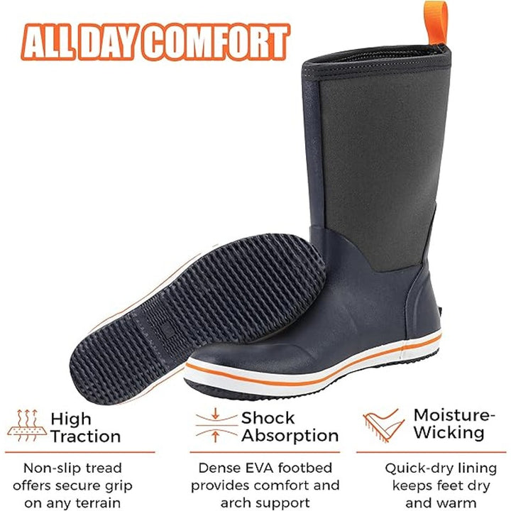 Ubon Mens Size 12 Navy Blue Pull On Waterproof Fishing NonSlip Rubber Rain Boots