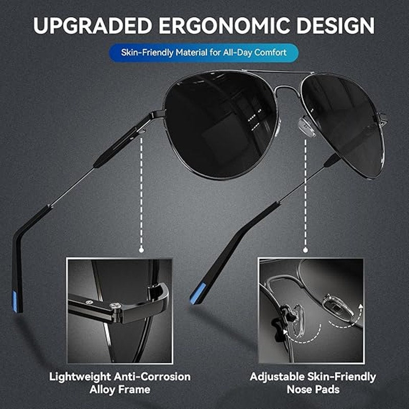 New Dada-pro Mens Black Silver Polarized Aviator Vintage Style Sunglasses w Case