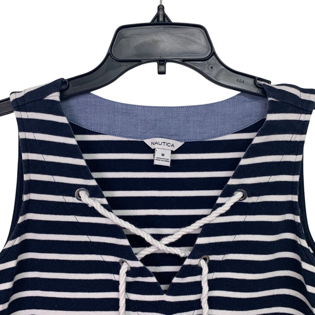 Nautica Womens Medium 100% Cotton Sleeveless Striped Lace Up V Neck Mini Dress