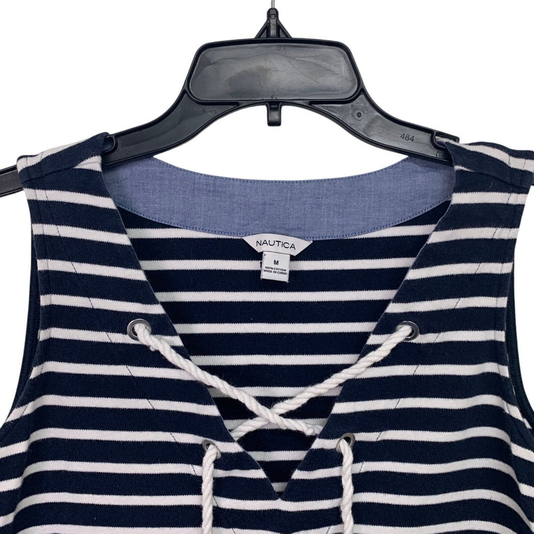 Nautica Womens Medium 100% Cotton Sleeveless Striped Lace Up V Neck Mini Dress