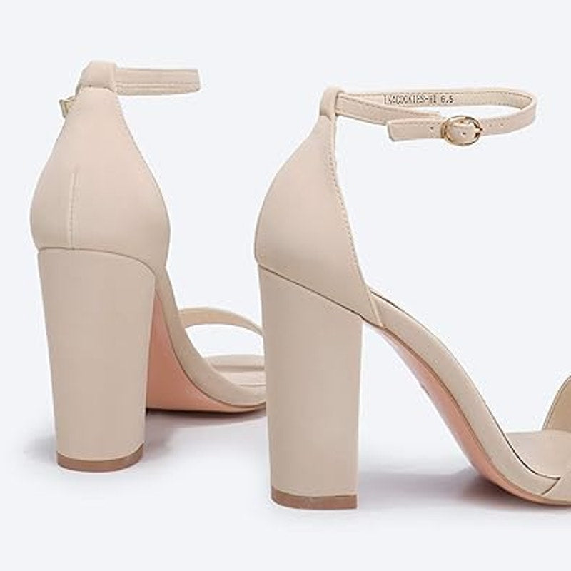 Idifu Womens Size 9 Nude Tan Open Toe Ankle Strap 3" Chunky Heel Sandal Shoes