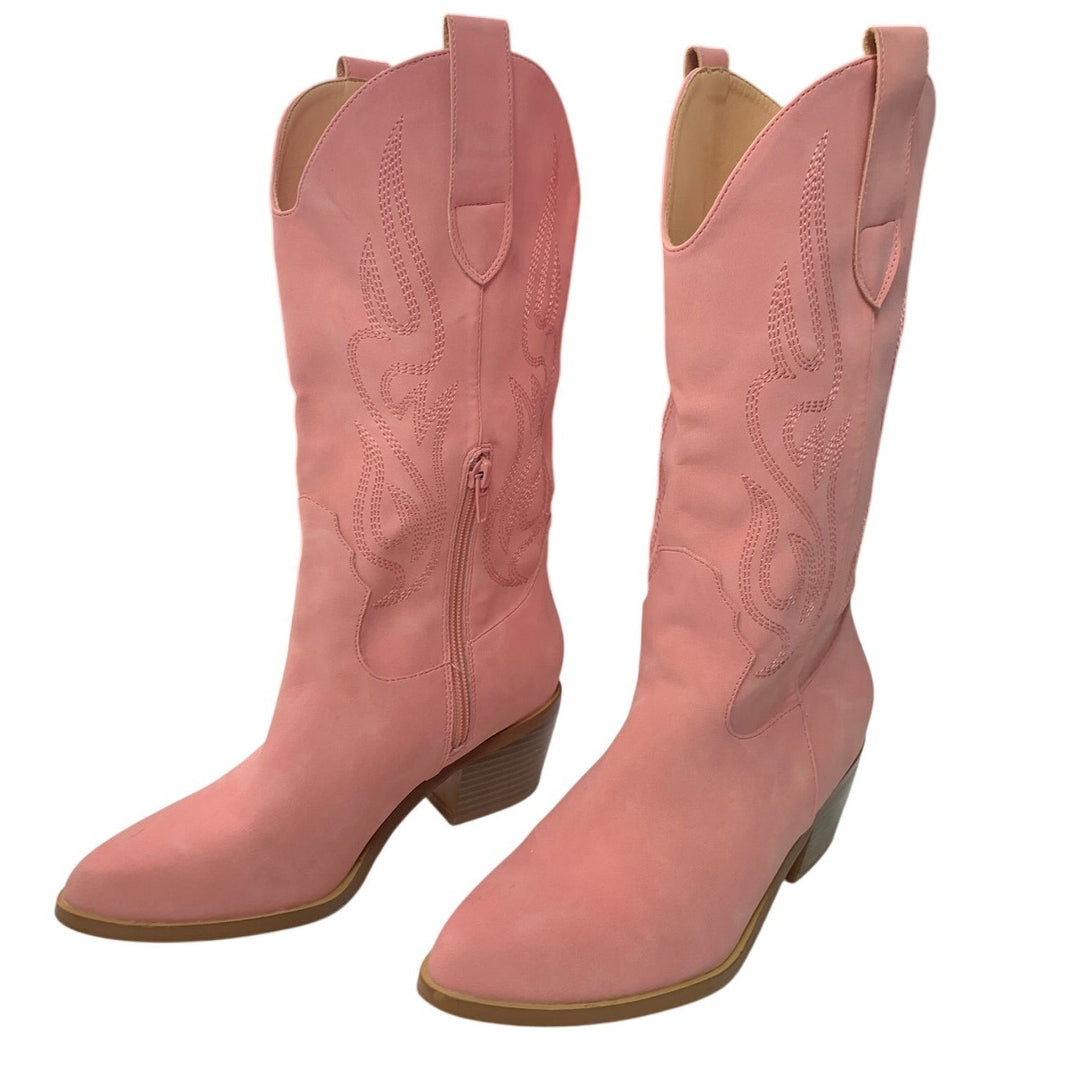 Womens Size 6 Pink Pointed Toe 2" Block Heel Pull On Embroidered Cowboy Boots