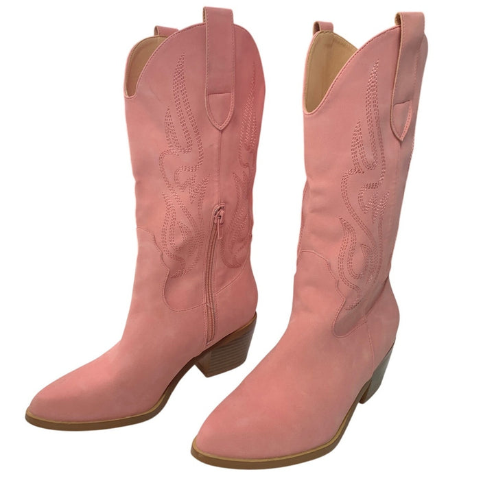 Womens Size 6 Pink Pointed Toe 2" Block Heel Pull On Embroidered Cowboy Boots