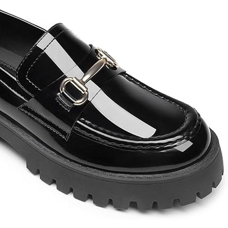 New Dream Pairs Womens 7.5 Black Faux Leather GOLD Buckle Platform Loafer Shoes
