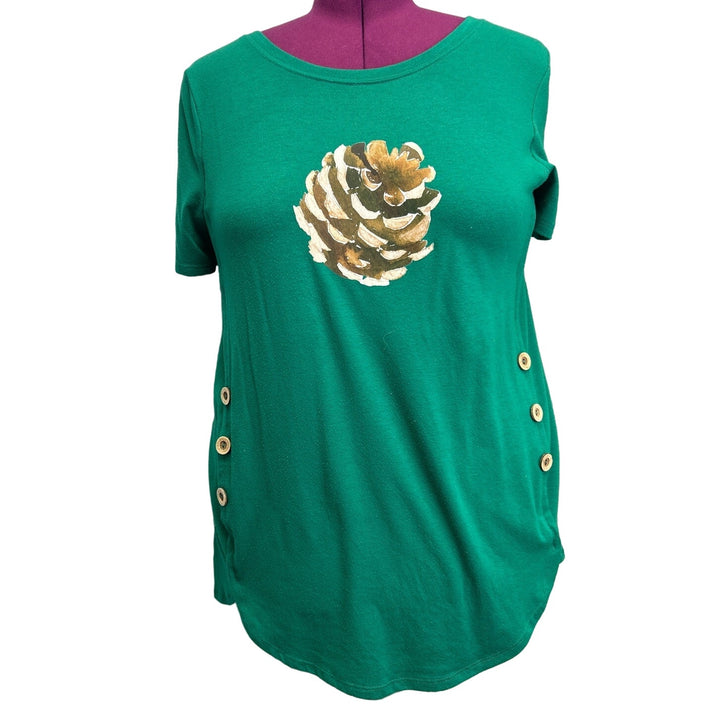 Hand Printed Upcycled Women Plus Size 1X Rustic Woody Pine Cone Short Sleeve Tee