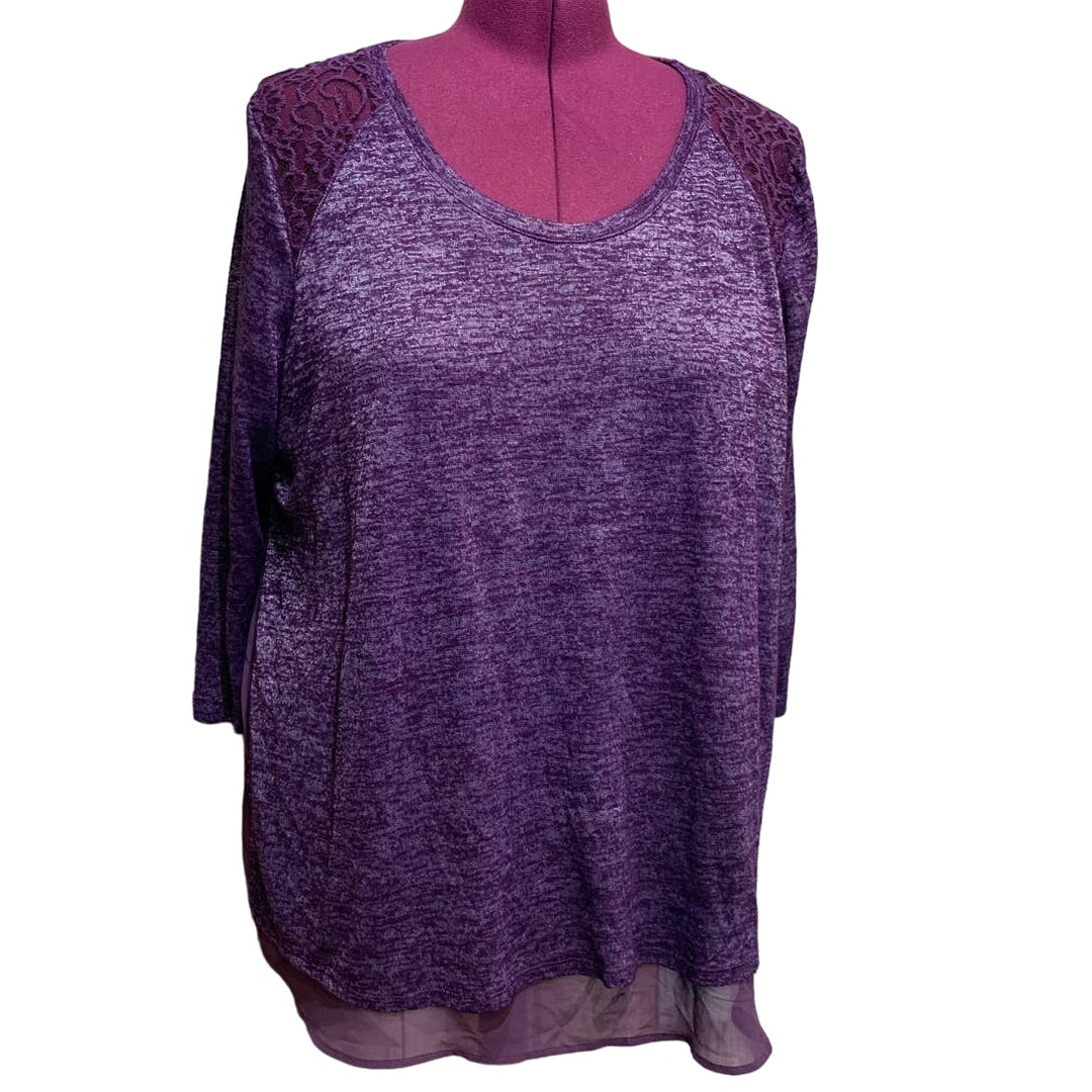 Eyeshadow 3X 3/4 Sleeve Purple Flowy Layered Lace Detail Shiny Comfy Top Blouse