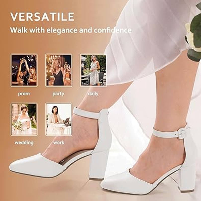 Idifu Womens Size 5.5 White Closed Toe 3" Chunky Heel Ankle Strap Wedding Shoes