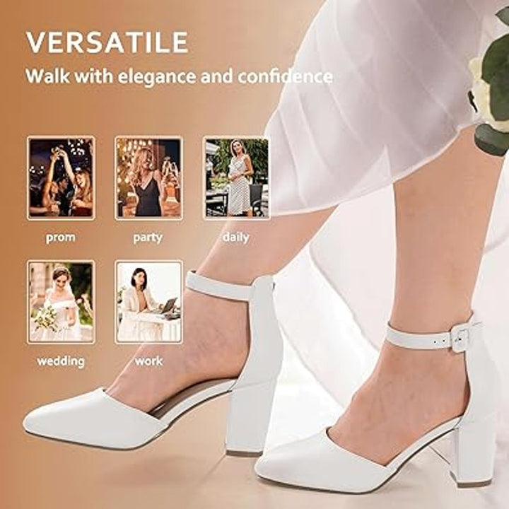 Idifu Womens Size 5.5 White Closed Toe 3" Chunky Heel Ankle Strap Wedding Shoes