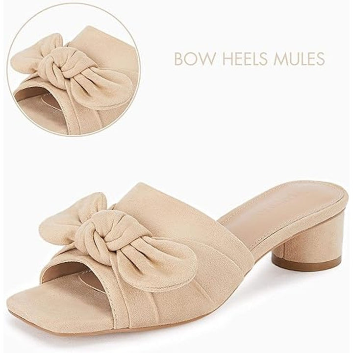 Coutgo Women Size 11 Tan Soft Faux Suede Bow Open Toe 2" Block Heel Sandal Shoes