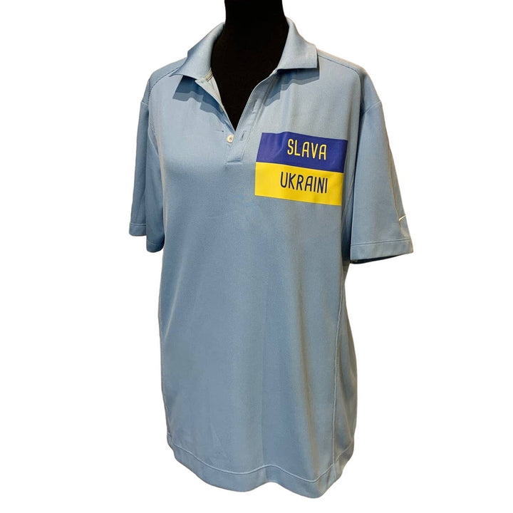 Upcycled Hand Printed Mens Medium Ukraine Flag Slava Ukraini Fundraiser Polo