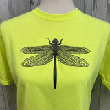 Hand Printed Upcycled Kids XXL Dragonfly Neon Yellow Short Sleeve Tee Shirt