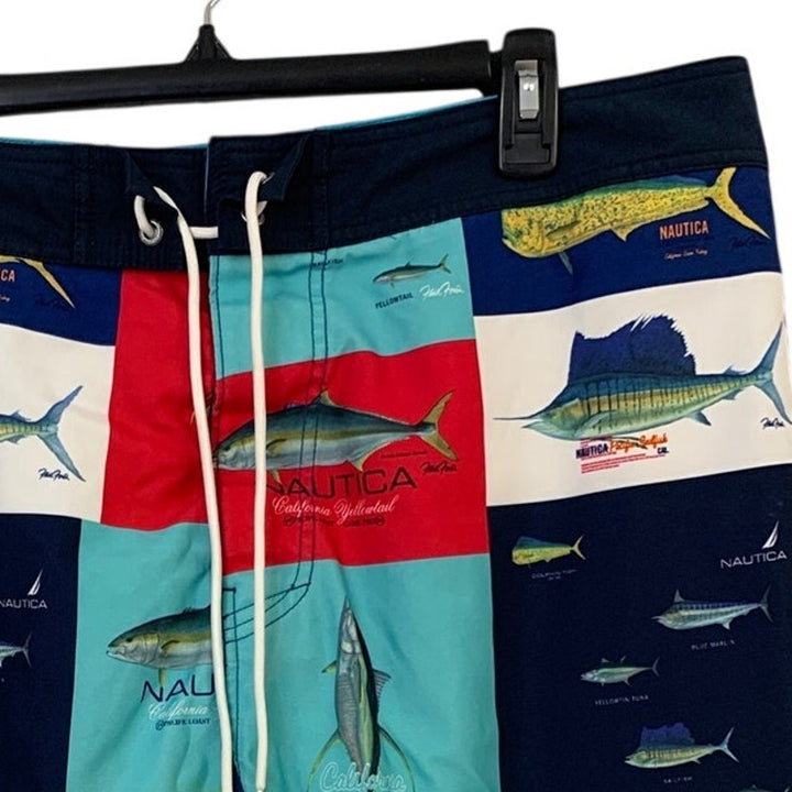 Nautica Mens 38W 100% Polyester Tuna Sailfish Blue Malin Yellowtail Swim Shorts euc
