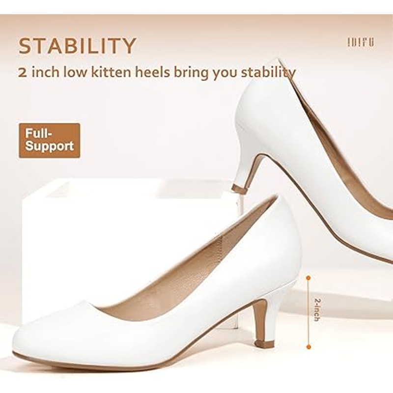Idifu Womens 8.5 White Faux Leather Closed Toe 2.5" Heel Slide On Pumps Shoes