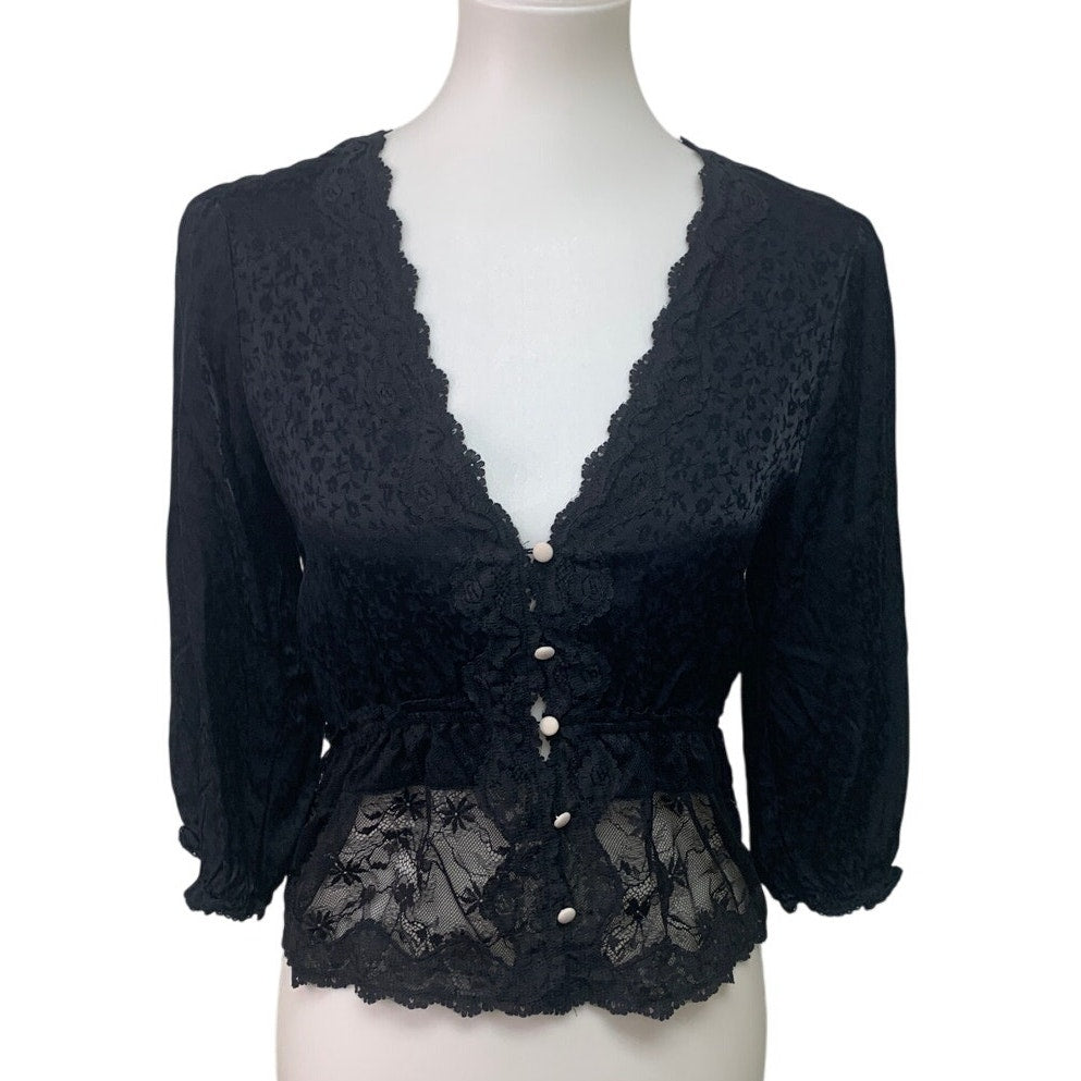 New American Eagle Small Lace Floral Half Sleeve Front Button V Neck Top
