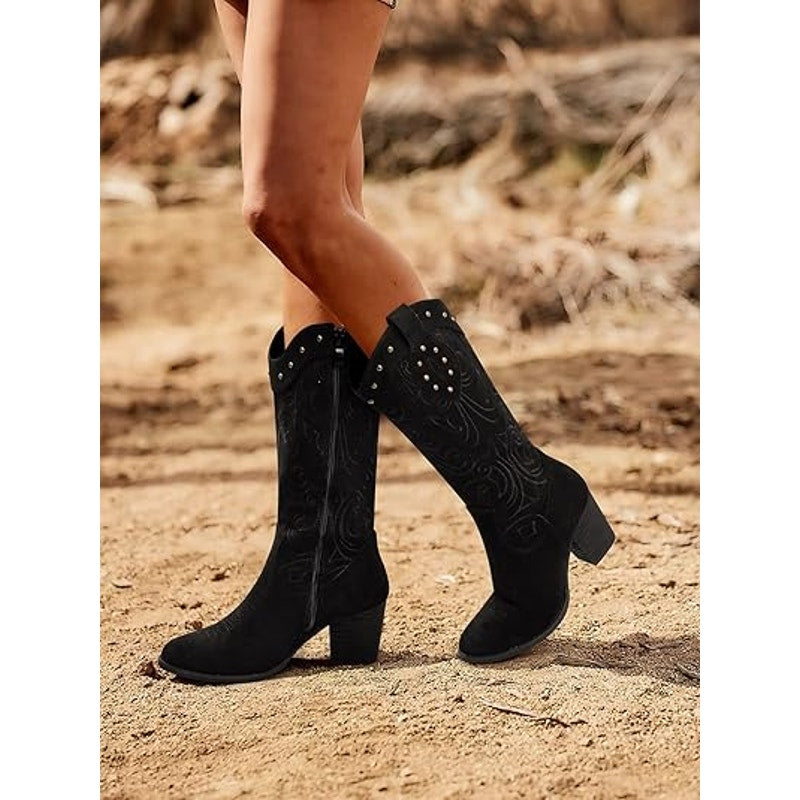 Shibever Womens 7.5 Black Faux Suede Zip Up 2.5" Heel Cowboy Cowgirl Boots Shoes