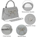 Womens Silver Sparkly Glitter Bow Clutch Shoulder Dressy Evening Purse Handbag