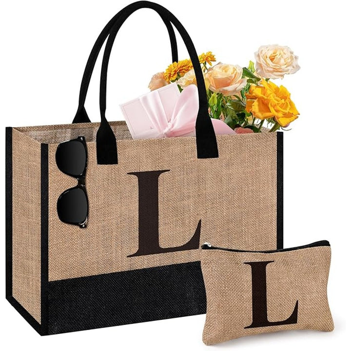 New Itotegifts Initial "L" Large Jute Tote Bag With &amp; Makeup Bag Zipper Pouch
