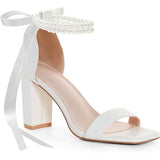 Womens 9.5 White 3.5" Block Heel Pearl Ribbon Ankle Strap Open Toe Wedding Shoes