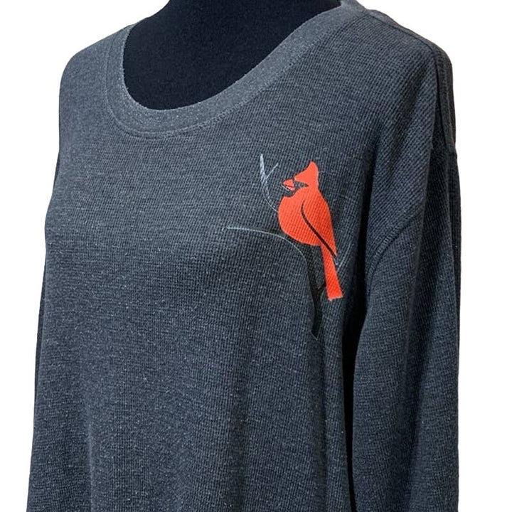 Hand Printed Upcycled Mens XL Red Cardinal Bird Long Sleeve Waffled Top Shirt