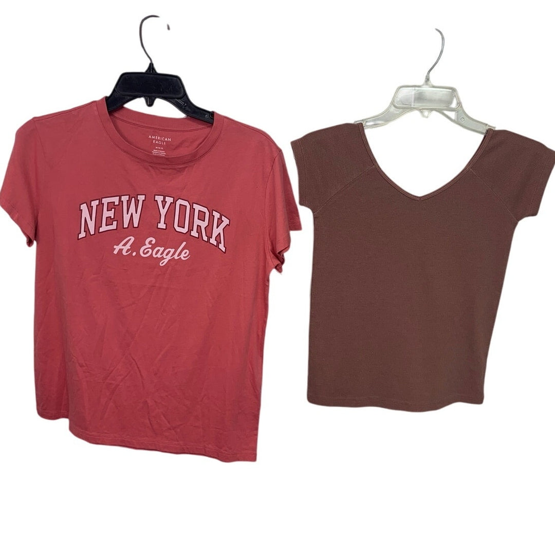 2 New American Eagle Womens Medium New York Short Sleeve Ribbed Tee Shirts Tops