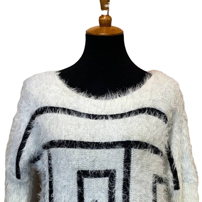 Forever 21 Contemporary Small Fuzzy Geometric Black White Pullover Sweater