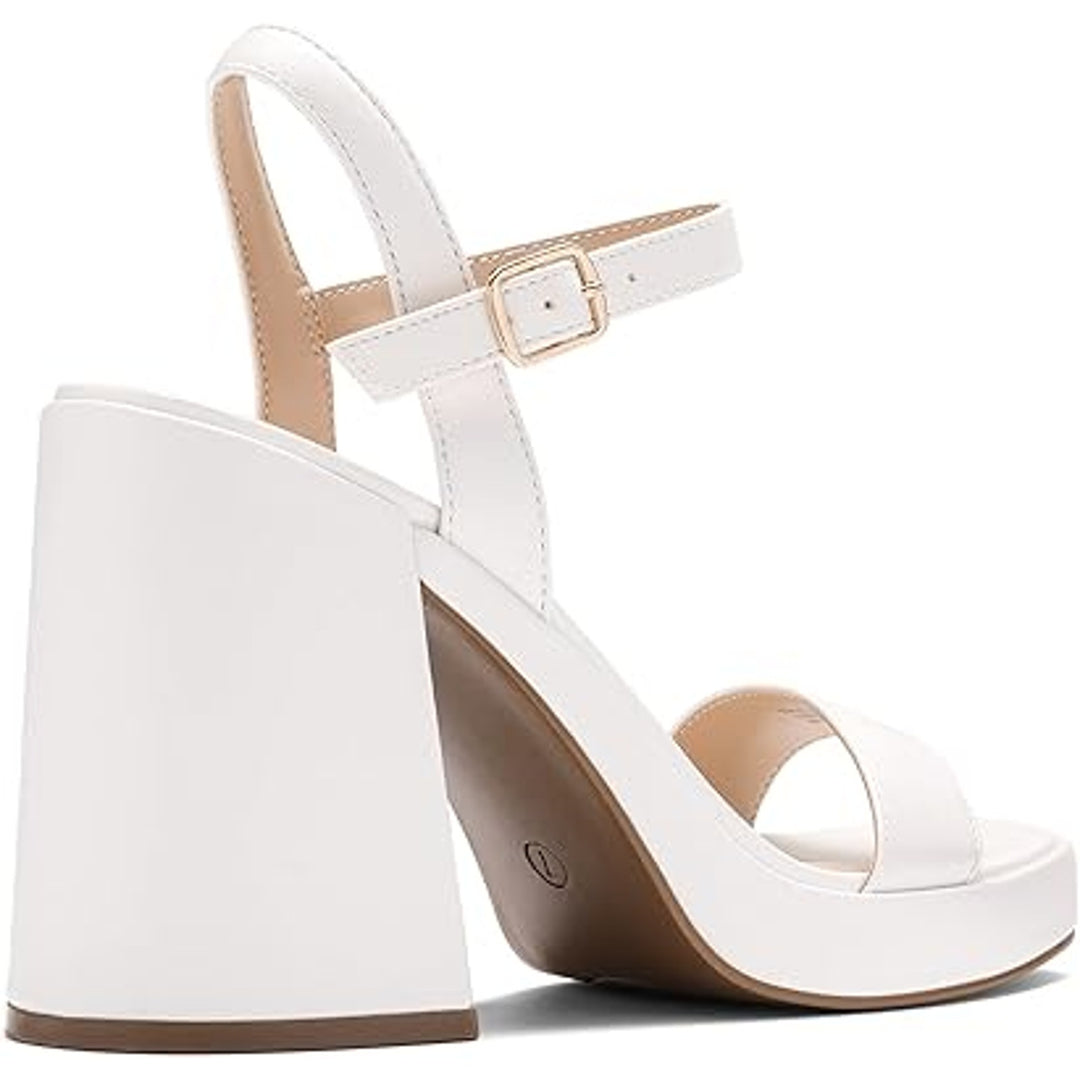 Dream Pairs Women Size 8 White Faux Leather 4.5" Chunky Heel Open Toe Shoes