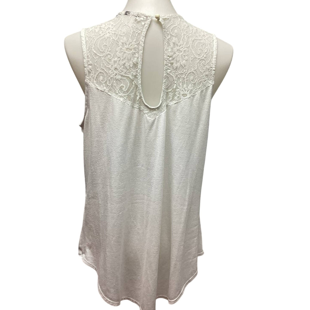 Womens Medium Sleeveless Pleated Front Lacy Back White Flowy Tank Top