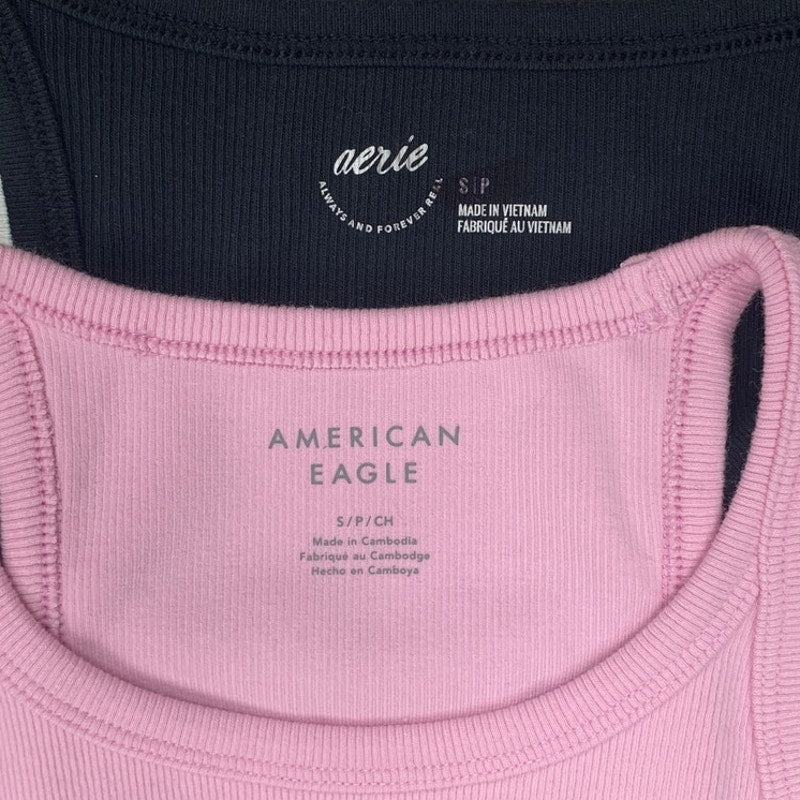2 New American Eagle Womens Small Light Pink Black Sleeveless Ribbed Tank Tops