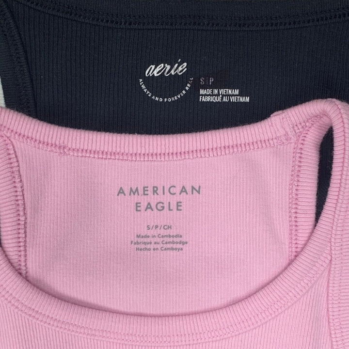 2 New American Eagle Womens Small Light Pink Black Sleeveless Ribbed Tank Tops