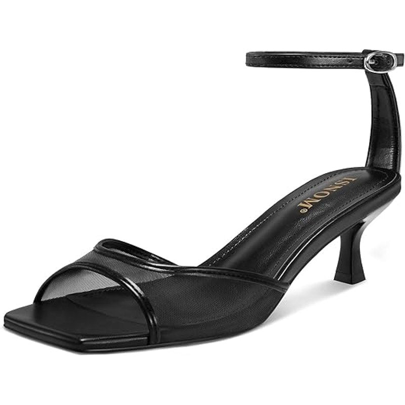 New Isnom Womens Size 8.5 Black Mesh Open Toe Ankle Strap 2" Kitten Heel Shoes