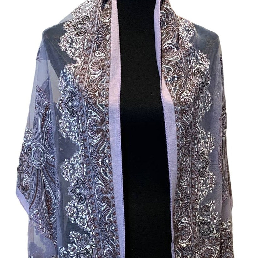 New Purple Floral Paisley Silver Glitter Fringed Sheer Lightweight Fashion Scarf