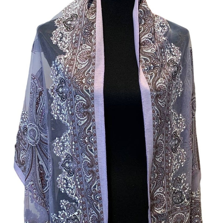 New Purple Floral Paisley Silver Glitter Fringed Sheer Lightweight Fashion Scarf