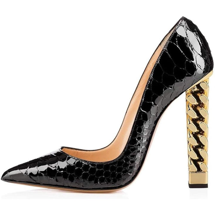 FSJ Womens Size 11 Black Croc Texture Gold Metal Chain Chunky 5" Heels Pumps