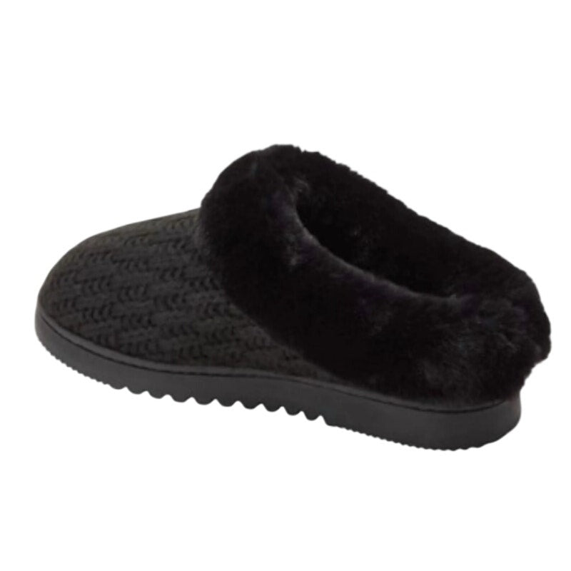 New In Box Dearfoams Women Small 5/6 Black Faux Fur Lined Knit Slide On Slippers