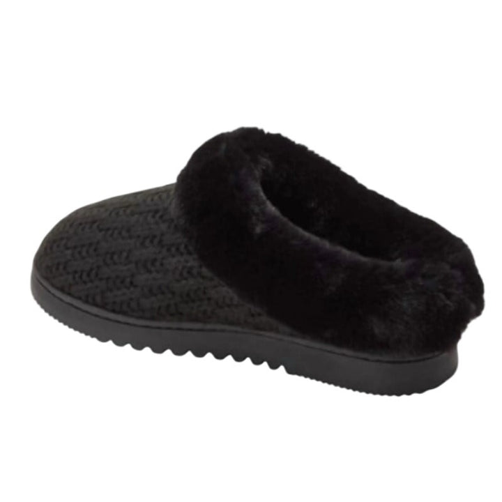 New In Box Dearfoams Women Small 5/6 Black Faux Fur Lined Knit Slide On Slippers