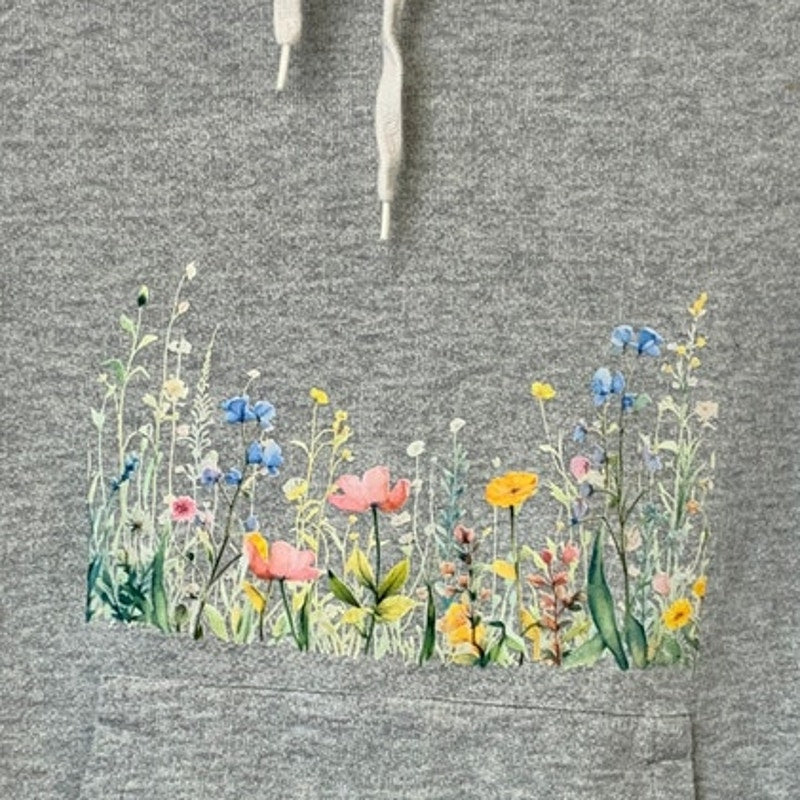 Upcycled Hand Printed Womens Medium Gray Spring Floral Long Sleeve Sweatshirt