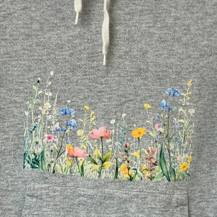 Upcycled Hand Printed Womens Medium Gray Spring Floral Long Sleeve Sweatshirt