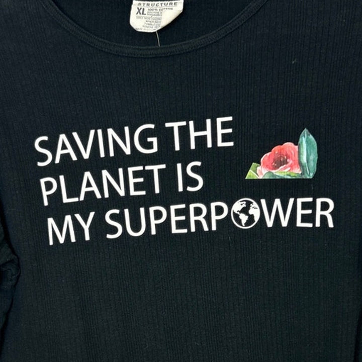 Upcycled Hand Printed Womens XL Saving The Planet Is My Superpower Tee Shirt