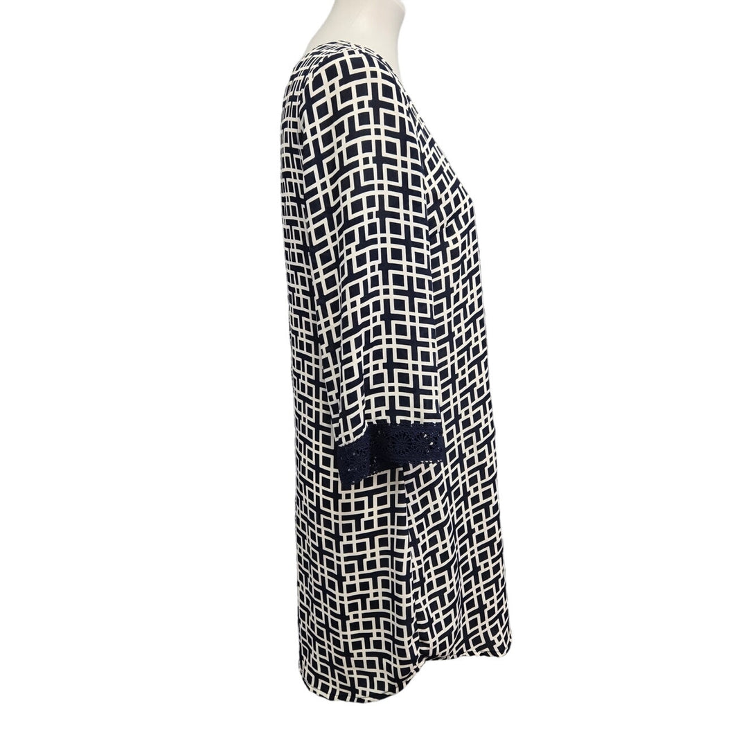 Alya Womens Medium Long Sleeve Scoop Neck Lined Geometric Navy Sheath Dress
