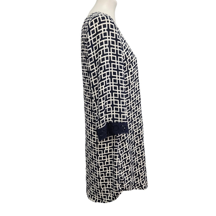 Alya Womens Medium Long Sleeve Scoop Neck Lined Geometric Navy Sheath Dress