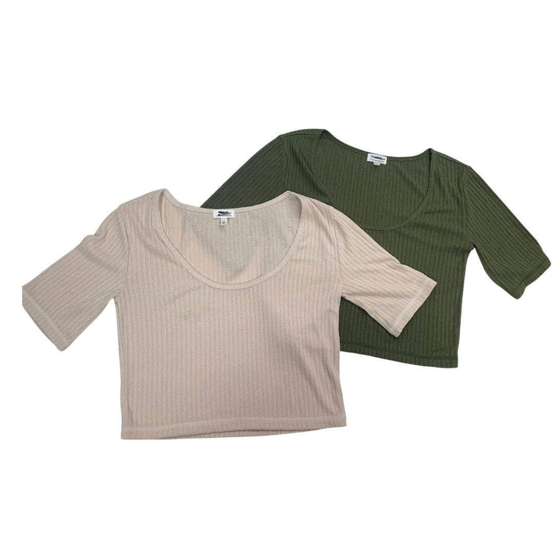 2 New Aerie Womens Small Olive Green Cream Short Sleeve Scoop Neck Textured Tops