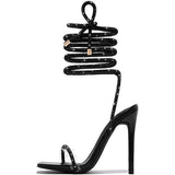 Womens Size 9.5 Black Rhinestone Ankle Wrap 5" Heel Open Toe Sandal Shoes