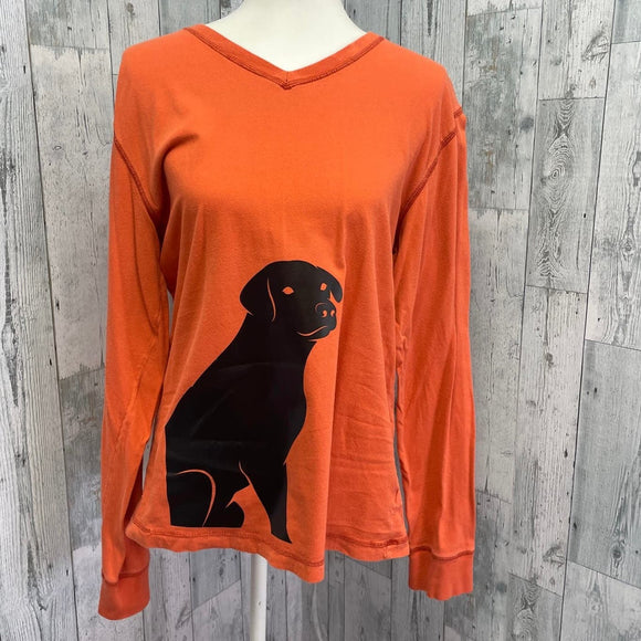 Hand Printed Upcycled Womens Large Black Lab Dog Puppy Long Sleeve V-Neck Tee