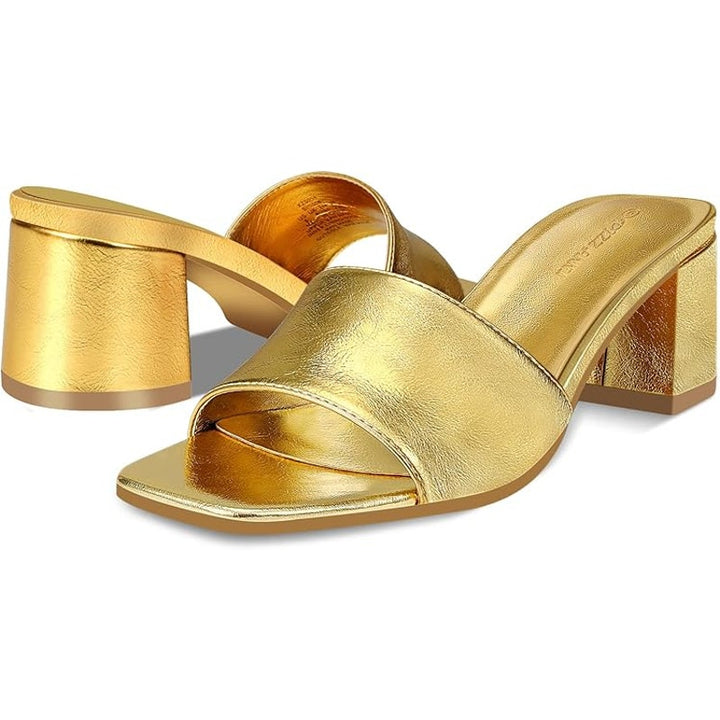 Pizz Annu Womens 7.5 Shiny Gold Open Toe 2.5" Block Heel Slide On Sandal Shoes
