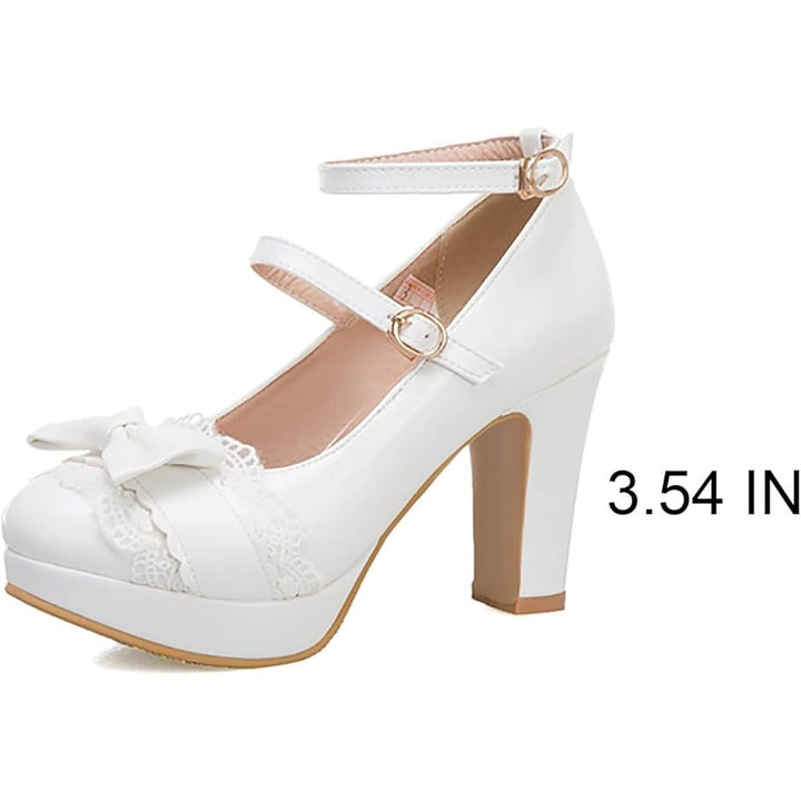 Foreada Womens 6.5 White Lace Bow 3.5" Platform Heel Mary Jane Closed Toe Shoes