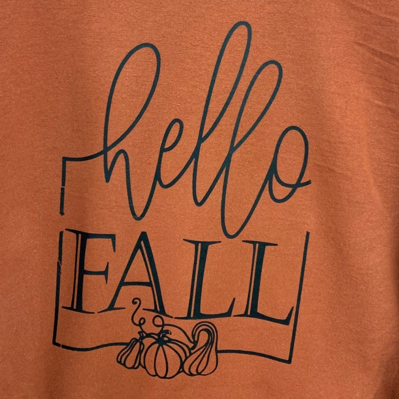 Upcycled Hand Printed Womens XL Orange Hello Fall Pumpkin Long Sleeve Sweatshirt